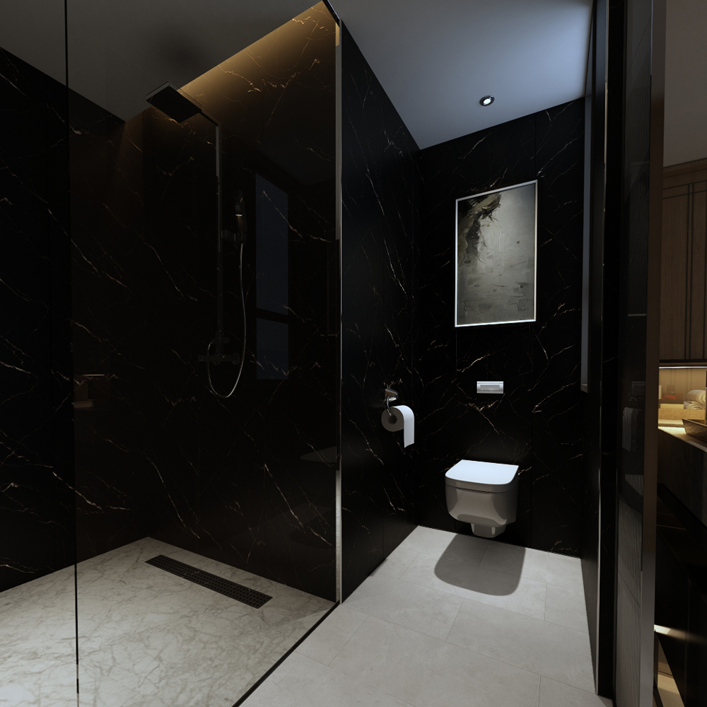 Pannello Rivestimento Murale bagno SPC Botticino Dark effetto marmo nero